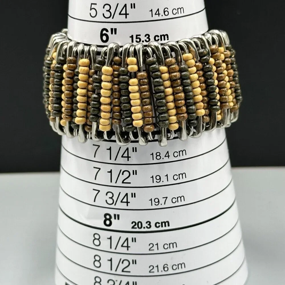 3/$30 Geneva Watch Women Silver Brown Wood Beads Safety Pins Stretch Band 7.25